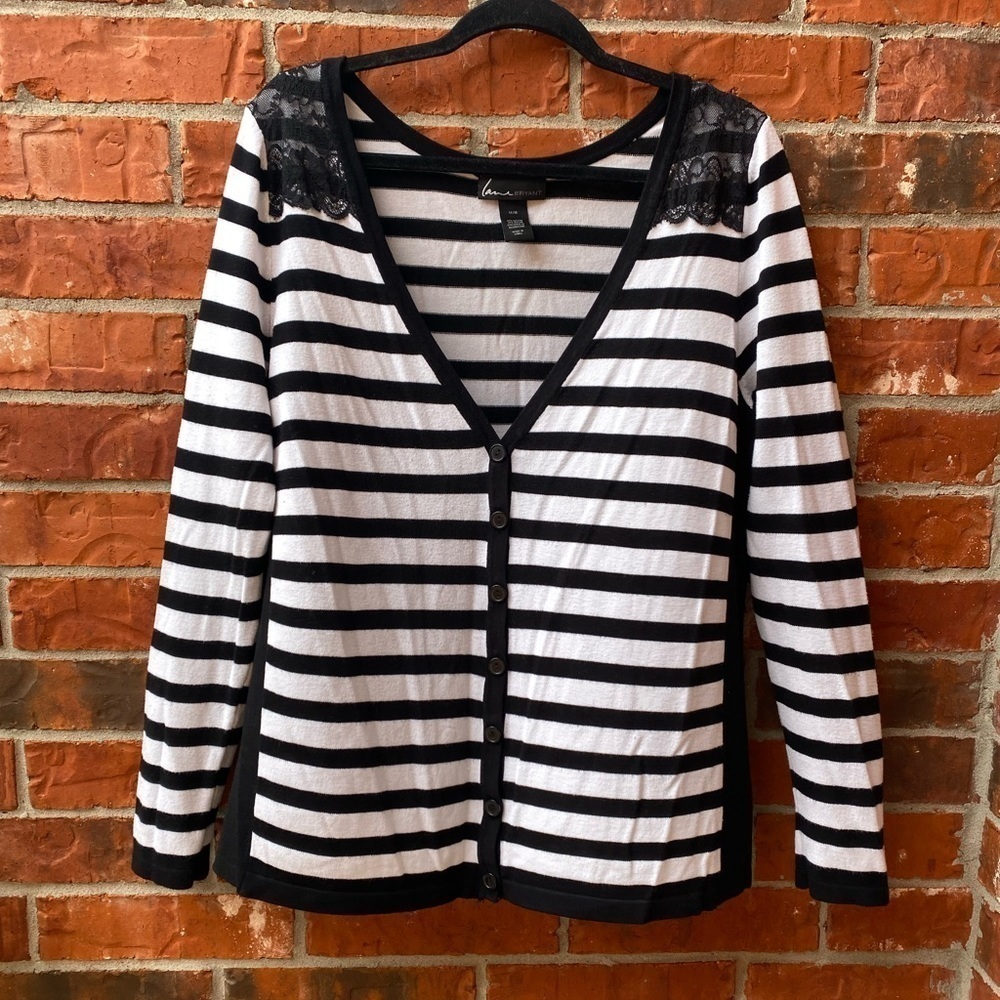 Lane Bryant 14/16 Black White Stripe Lace Shoulder Knit Cardigan
